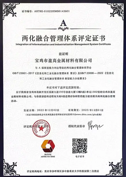Integration of Informatization and Industrialization Management System Certificate