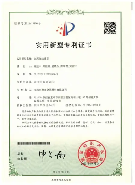 Patent Certificate of Metal sintered filter elements